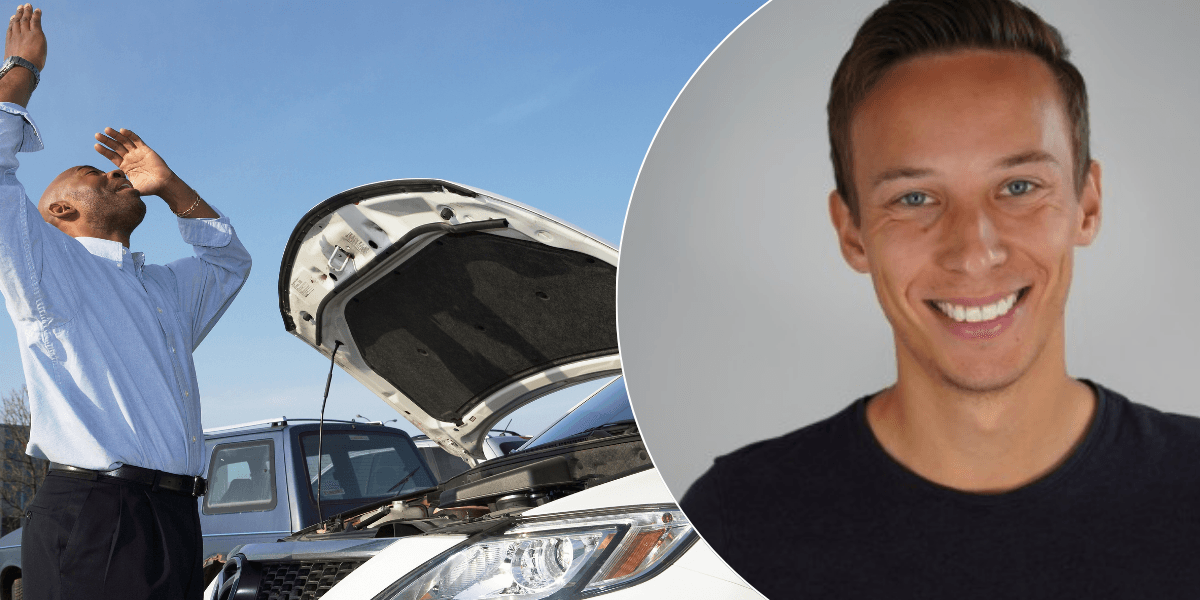 Johan Strömer, marknadschef konsument på CTEK, delar med sig av resultaten i en undersökning om svenska bilägares brist på underhåll. (Foto: Canva och LinkedIn)