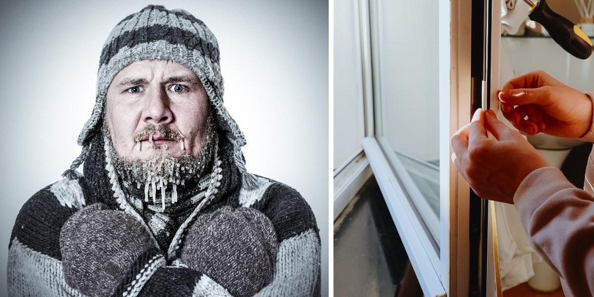 En man med vantar och mössa fryser och någon tätar ett fönster. Undvik att frysa inomhus i vinter, utan att för den skull få skyhöga uppvärmningskostnader. Här för du några tips på vad du kan göra, dessutom får du veta varför vi ofta blir känsligare för kyla när vi blir äldre.