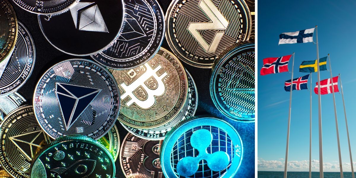 Kryptovalutor och de nordiska ländernas flaggor. En undersökning om ägandet av krypto i Norden visar att svenskarna har minst kryptoinnehav och norrmännen högst.
