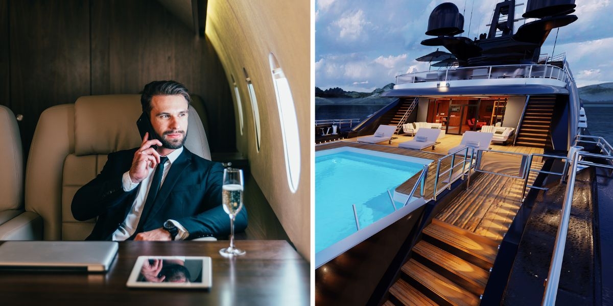 En man i ett privatflyg och en lyxjakt. Biståndsorganisationen Oxfam föreslår att skatt eller förbud införs på privatflyg och lyxjakter då de har enorma utsläpp