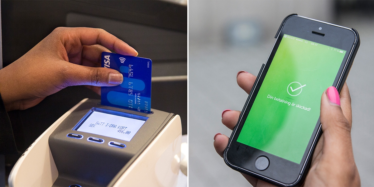 En kvinna metalar med kort och en kvinna har betalat med Swish. Sverige är på väg att bli ett kontantlöst samhälle, men även om det är smidigt finns det risker med det.