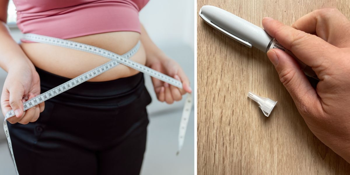 En kvinna mäter magen och en doseringsspruta till läkemedel för viktminskning