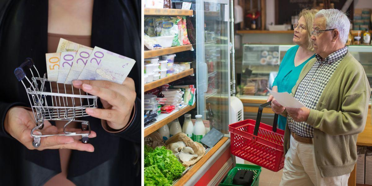 En kvinna håller i pengar och en pytteliten varuvagn och ett äldre par handlar. Matpriserna fortsätter att öka och pengarna räcker numer bara till 75 procent av det de räckte till för tre år sedan