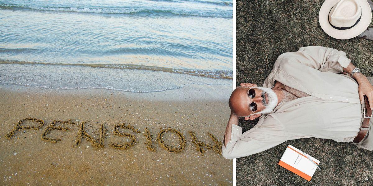 En strand med ordet pension skrivet i sanden och en man ligger och njuter på marken.