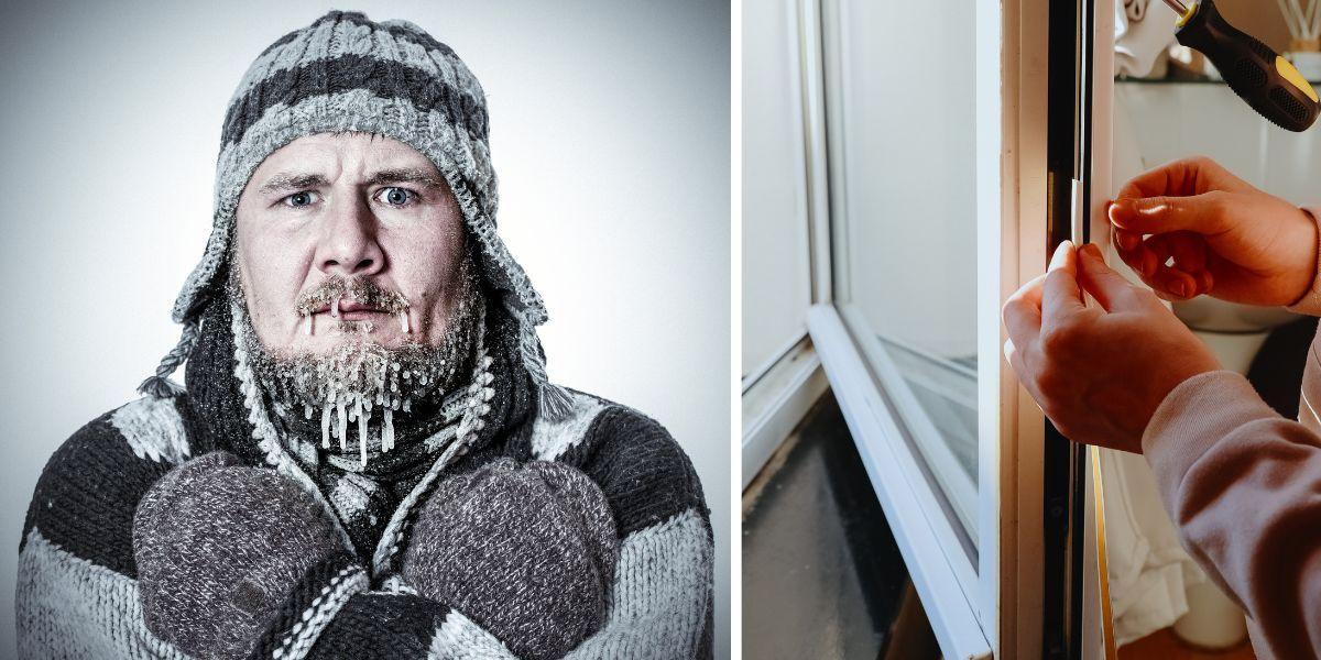En man med vantar och mössa fryser och någon tätar ett fönster. Undvik att frysa inomhus i vinter, utan att för den skull få skyhöga uppvärmningskostnader. Här för du några tips på vad du kan göra, dessutom får du veta varför vi ofta blir känsligare för kyla när vi blir äldre.